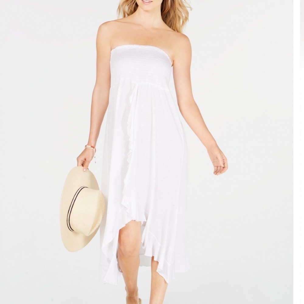 Raviya Womens Strapless High-Low White Dress Cover Up Small Ruffle Flowy Easy